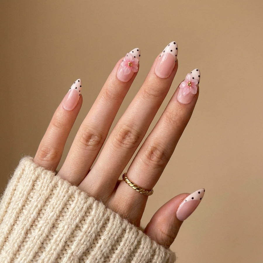 Pink Flower French Dot