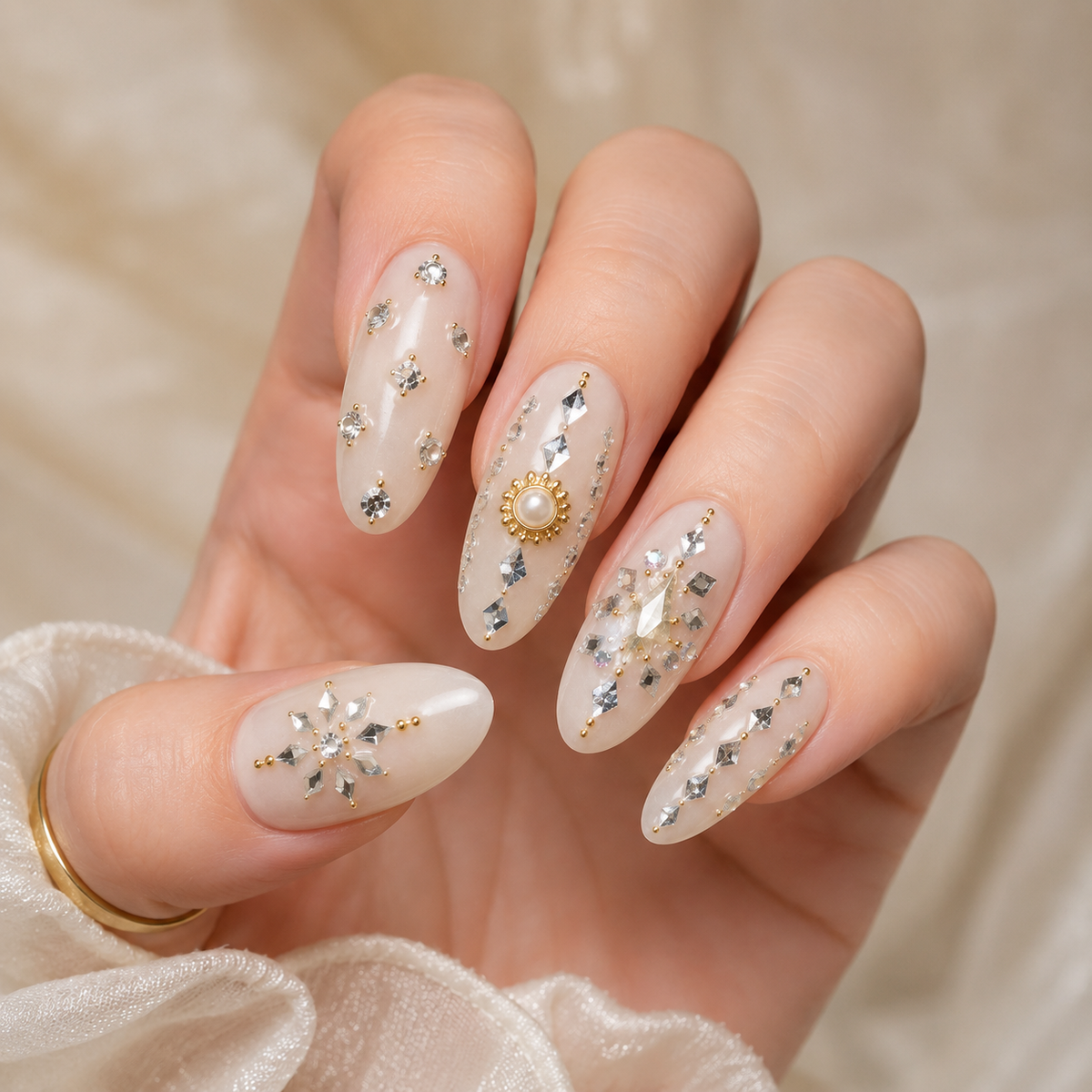 Crystal Pearl Wedding Nails